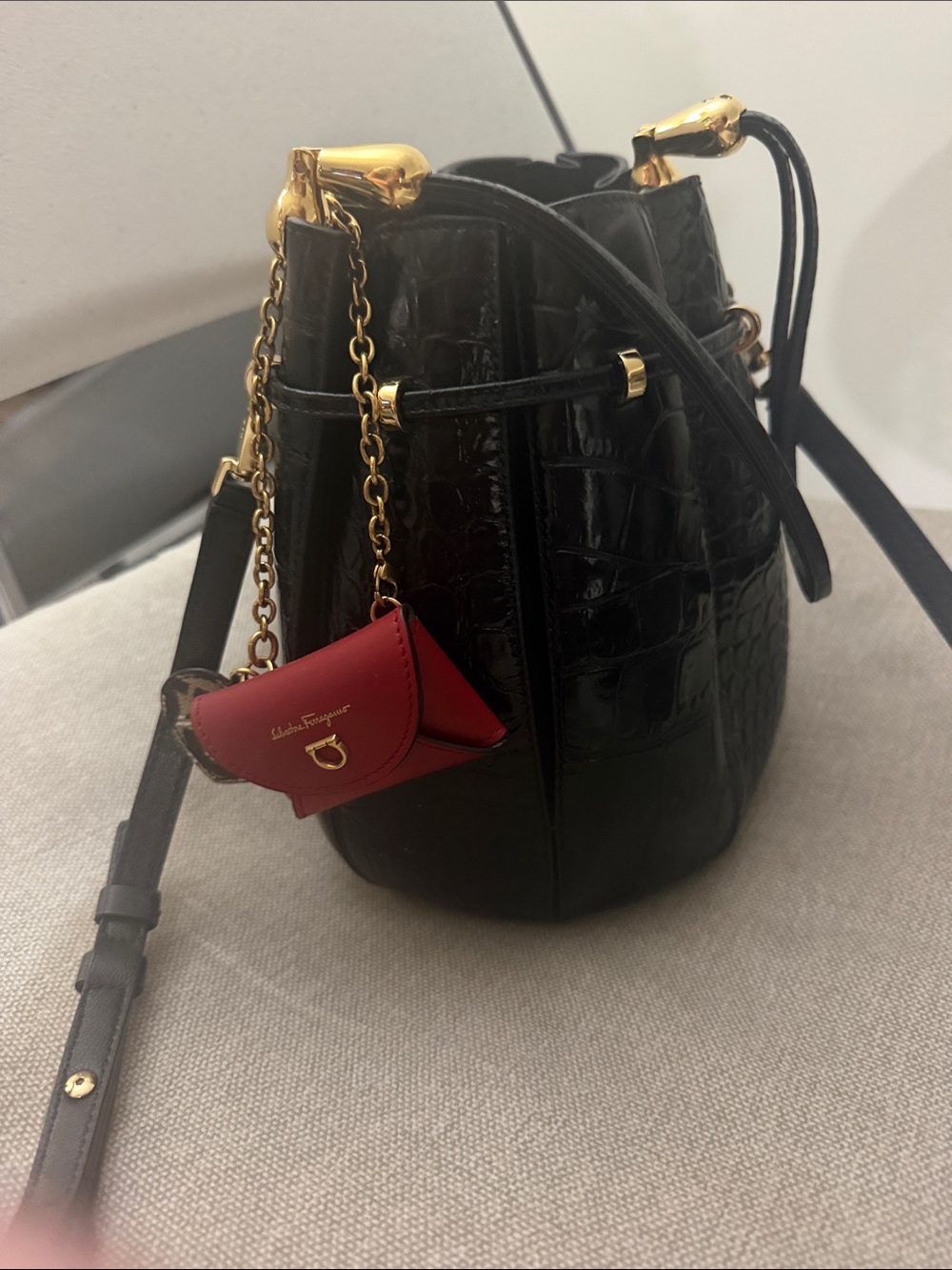 Salvatore Ferragamo Black Croc-Embossed Mini Bucket Bag with Red bag Charm